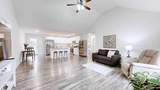 341 Holly Grove Rd, Lewisburg, TN 37091 - living room with high vaulted ceiling, ceiling fan, wood finished floors, and recessed lighting