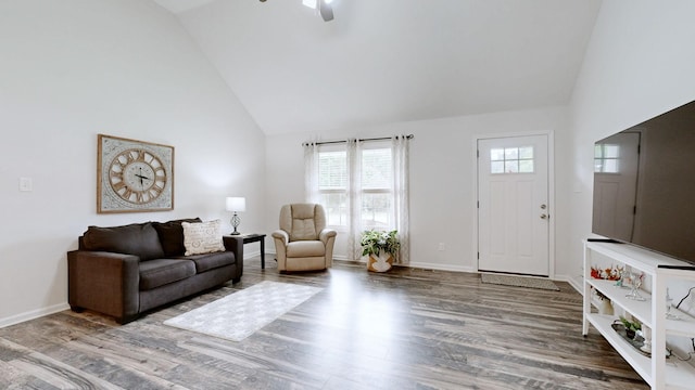 341 Holly Grove Rd, Lewisburg, TN 37091 - living room featuring high vaulted ceiling, wood finished floors, and ceiling fan