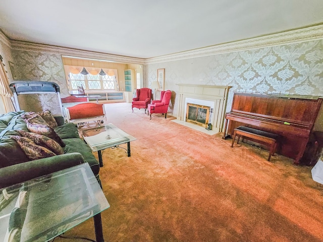 4623 Lebanon Rd, Murfreesboro, TN 37129 - living room featuring wallpapered walls, carpet, a fireplace with flush hearth, and crown molding