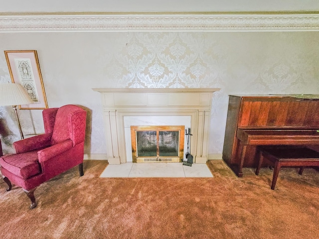 4623 Lebanon Rd, Murfreesboro, TN 37129 - living area with a fireplace with flush hearth, carpet, and crown molding