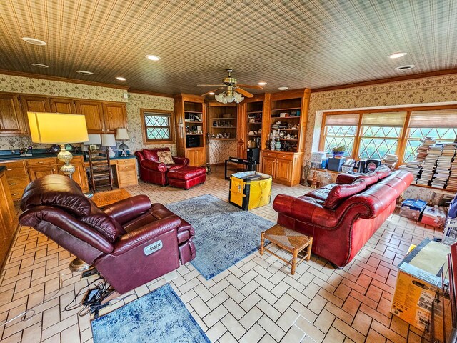 4623 Lebanon Rd, Murfreesboro, TN 37129 - living area featuring wallpapered walls, ceiling fan, healthy amount of natural light, recessed lighting, and ornamental molding