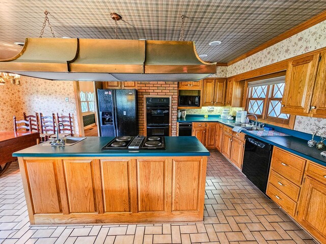 4623 Lebanon Rd, Murfreesboro, TN 37129 - kitchen featuring wallpapered walls, black appliances, a center island, crown molding, and dark countertops