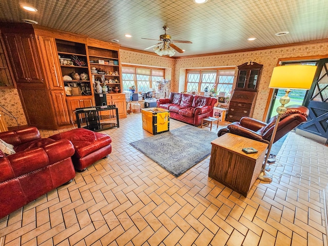 4623 Lebanon Rd, Murfreesboro, TN 37129 - living area with wallpapered walls, a ceiling fan, brick patterned flooring, recessed lighting, and built in features