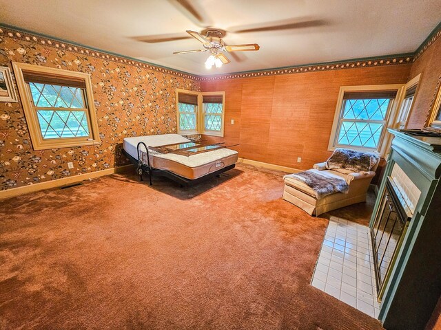 4623 Lebanon Rd, Murfreesboro, TN 37129 - carpeted bedroom featuring wallpapered walls, ceiling fan, and crown molding