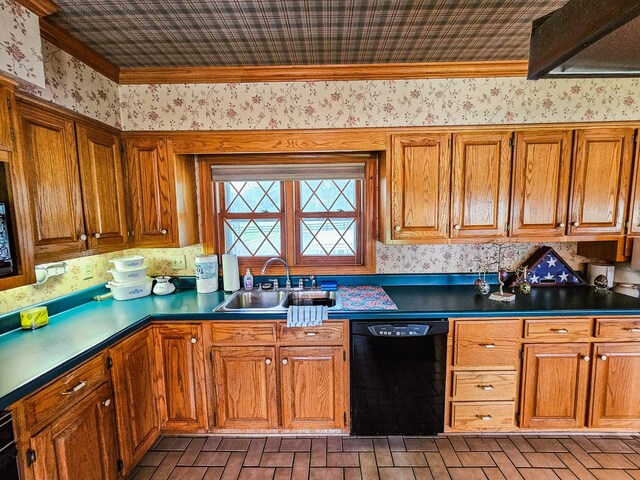 4623 Lebanon Rd, Murfreesboro, TN 37129 - kitchen with dishwasher, wallpapered walls, ornamental molding, brown cabinetry, and brick patterned floors