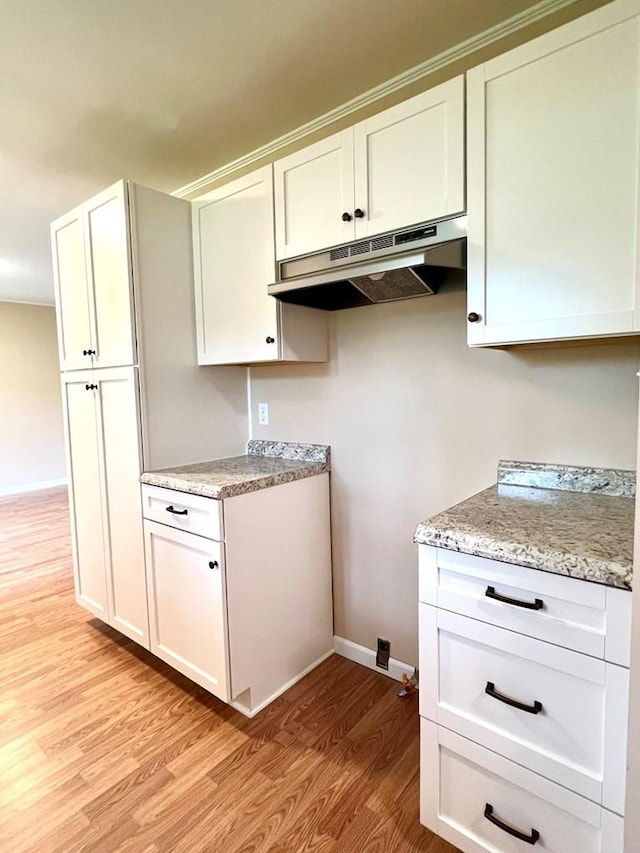 210 Roney Dr, Hopkinsville, KY 42240 - kitchen with under cabinet range hood, light wood finished floors, white cabinetry, and light stone counters