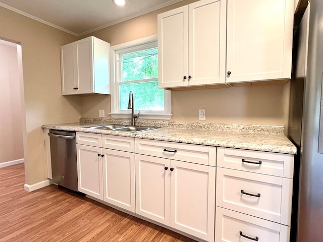 210 Roney Dr, Hopkinsville, KY 42240 - kitchen featuring stainless steel appliances, white cabinets, ornamental molding, and light wood-style flooring