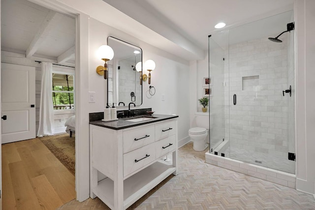 8014 Shoals Branch Rd, Primm Springs, TN 38476 - bathroom with vanity, a stall shower, beam ceiling, connected bathroom, and parquet flooring
