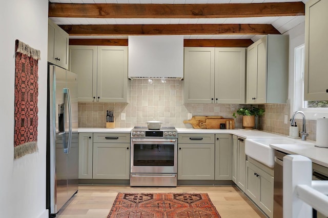 8014 Shoals Branch Rd, Primm Springs, TN 38476 - kitchen featuring appliances with stainless steel finishes, light countertops, decorative backsplash, light wood-type flooring, and a wooden ceiling with exposed beams