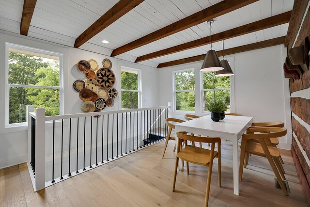 8014 Shoals Branch Rd, Primm Springs, TN 38476 - dining space with a wood ceiling with exposed beams and light wood-style flooring