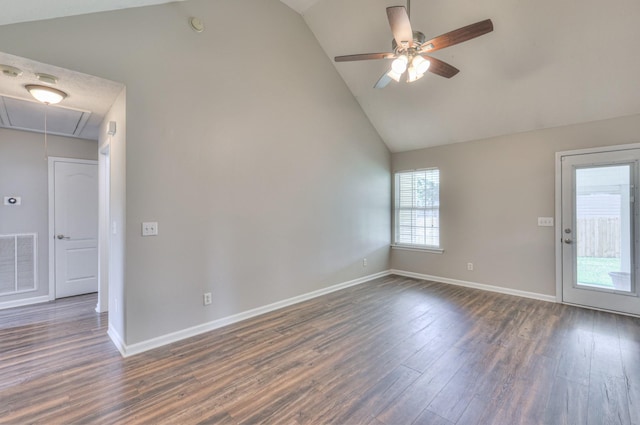 212 Towbridge Dr, Murfreesboro, TN 37129 - spare room featuring attic access, a ceiling fan, dark wood finished floors, high vaulted ceiling, and a smoke detector