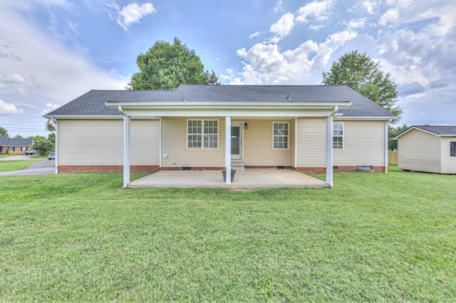 212 Towbridge Dr, Murfreesboro, TN 37129 - rear view of house featuring crawl space, a lawn, a patio, and roof with shingles