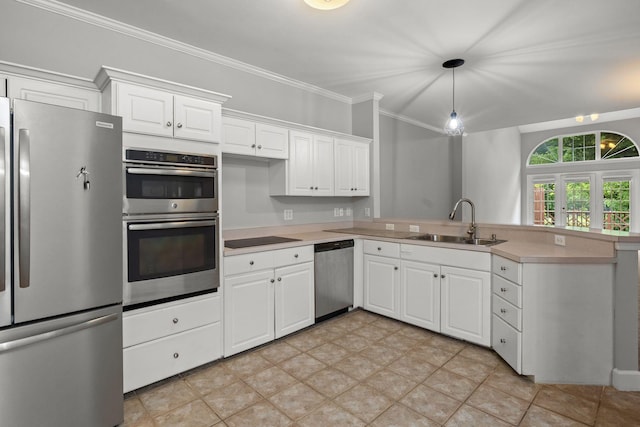 231 Green Harbor Rd Unit 59, Old Hickory, TN 37138 - kitchen featuring stainless steel appliances, a peninsula, light countertops, white cabinetry, and ornamental molding