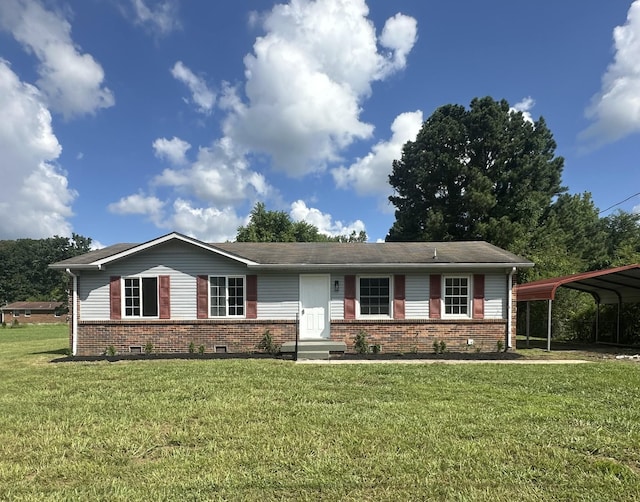 112 Haley Rd, Dickson, TN 37055 - ranch-style house with brick siding, a detached carport, a front yard, and crawl space