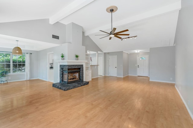 2910 Churchill Ln, Thompsons Station, TN 37179 - unfurnished living room with ceiling fan, beamed ceiling, high vaulted ceiling, a stone fireplace, and light wood-type flooring