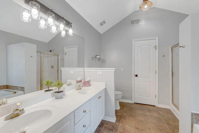 2910 Churchill Ln, Thompsons Station, TN 37179 - bathroom with a shower stall, lofted ceiling, double vanity, and a bath