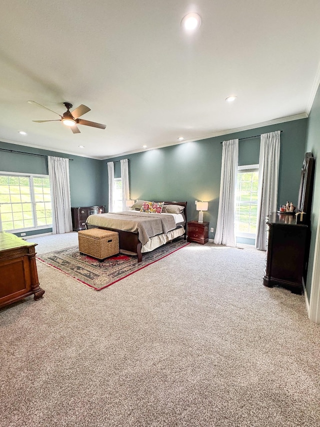 2600 Little Bartons Creek Rd, Cumberland Furnace, TN 37051 - bedroom featuring carpet floors, recessed lighting, ornamental molding, and a ceiling fan