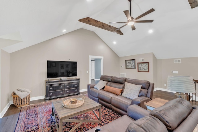 2600 Little Bartons Creek Rd, Cumberland Furnace, TN 37051 - living area featuring a ceiling fan, wood finished floors, vaulted ceiling, and recessed lighting