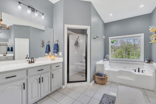 2600 Little Bartons Creek Rd, Cumberland Furnace, TN 37051 - full bath featuring vanity, a shower stall, a bath, and tile patterned floors
