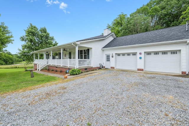 1550 Beech Bottom Rd, Watertown, TN 37184 - ranch-style home with a porch, driveway, an attached garage, a chimney, and a front yard