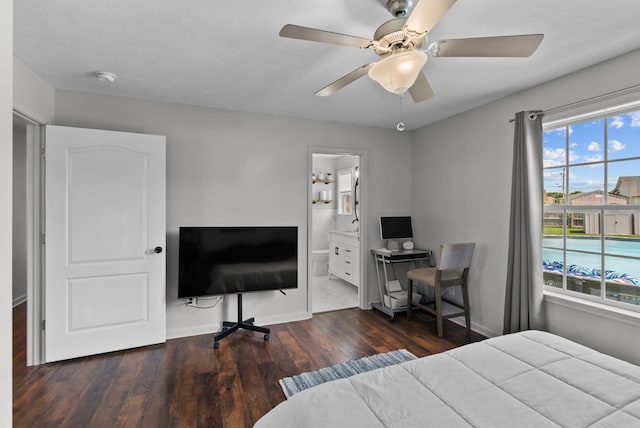 1620 Baucom Dr, Columbia, TN 38401 - bedroom featuring wood finished floors, a ceiling fan, an office area, and ensuite bath