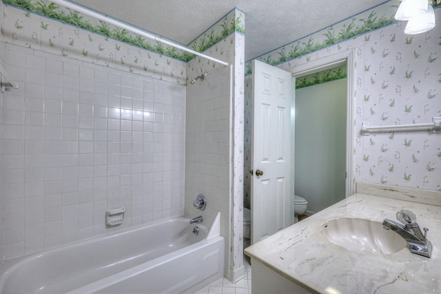 2010 Hartland Rd, Franklin, TN 37069 - bathroom with wallpapered walls, bathtub / shower combination, a textured ceiling, and vanity
