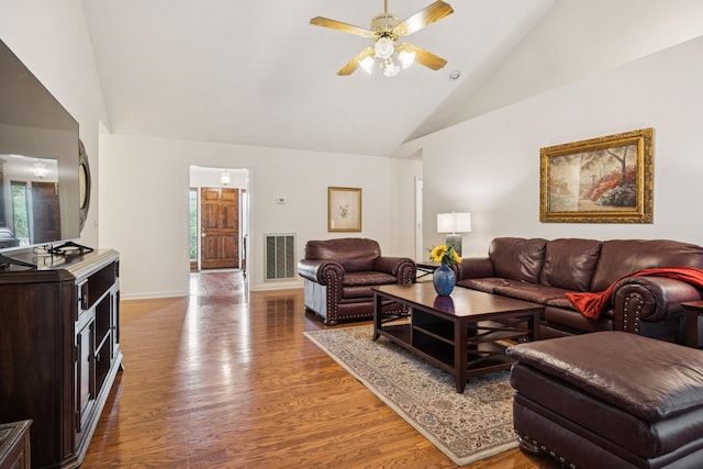 217 Fox Hunt Ln, Lebanon, TN 37087 - living area with wood finished floors, high vaulted ceiling, and ceiling fan