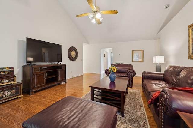 217 Fox Hunt Ln, Lebanon, TN 37087 - living area with high vaulted ceiling, wood finished floors, and ceiling fan