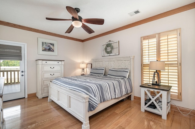 195 Spring Creek Ln, Lebanon, TN 37090 - bedroom featuring light wood-style floors, crown molding, ceiling fan, and access to exterior