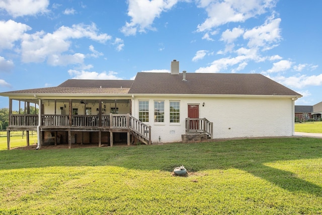 195 Spring Creek Ln, Lebanon, TN 37090 - rear view of property featuring a ceiling fan, a lawn, a chimney, and a sunroom