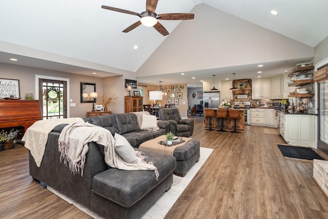 398 Beasleys Bend Rd, Lebanon, TN 37087 - living room with high vaulted ceiling, a ceiling fan, recessed lighting, and light wood-style flooring