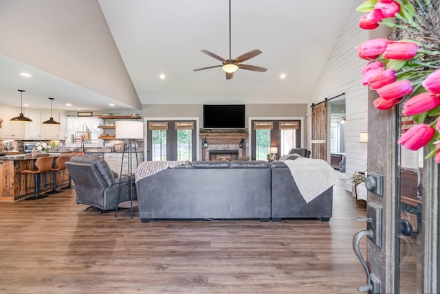 398 Beasleys Bend Rd, Lebanon, TN 37087 - living area with high vaulted ceiling, healthy amount of natural light, ceiling fan, a stone fireplace, and wood finished floors