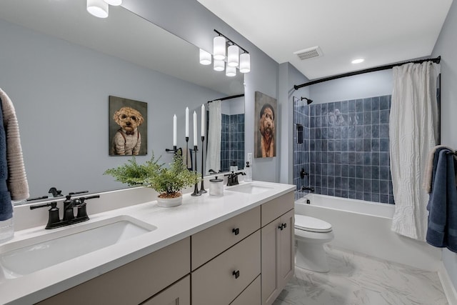 1224 Ben Forkum Dr, Lebanon, TN 37087 - bathroom with double vanity, shower / bath combo with shower curtain, recessed lighting, and marble look tile flooring