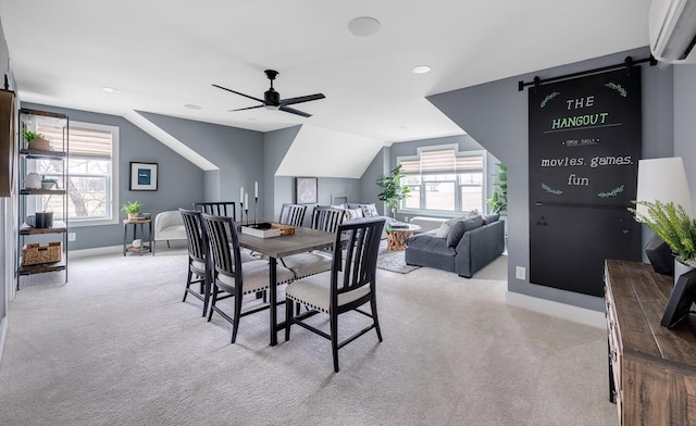 1224 Ben Forkum Dr, Lebanon, TN 37087 - dining space featuring light carpet, an AC wall unit, lofted ceiling, healthy amount of natural light, and recessed lighting