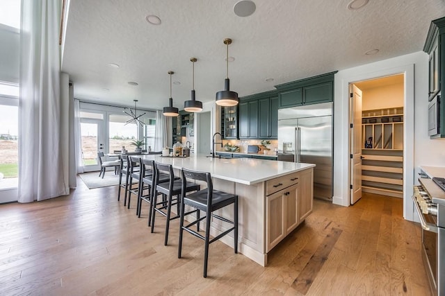 1224 Ben Forkum Dr, Lebanon, TN 37087 - kitchen with high end appliances, a kitchen bar, light countertops, light wood finished floors, and a spacious island