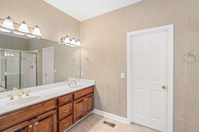 7125 Locksley Ln, Fairview, TN 37062 - bathroom with a stall shower, double vanity, and tile patterned floors