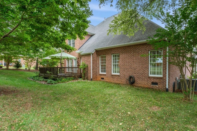 7125 Locksley Ln, Fairview, TN 37062 - back of property featuring a wooden deck, brick siding, a lawn, roof with shingles, and crawl space