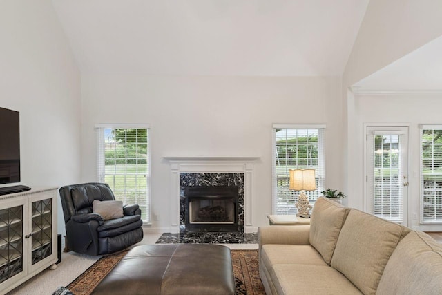 7125 Locksley Ln, Fairview, TN 37062 - living area with healthy amount of natural light, a premium fireplace, and high vaulted ceiling