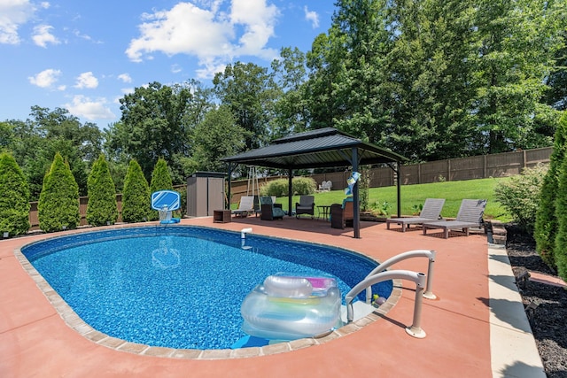 29 Harbor Pt, Lebanon, TN 37087 - view of pool with a fenced backyard, a gazebo, a patio area, and a storage shed