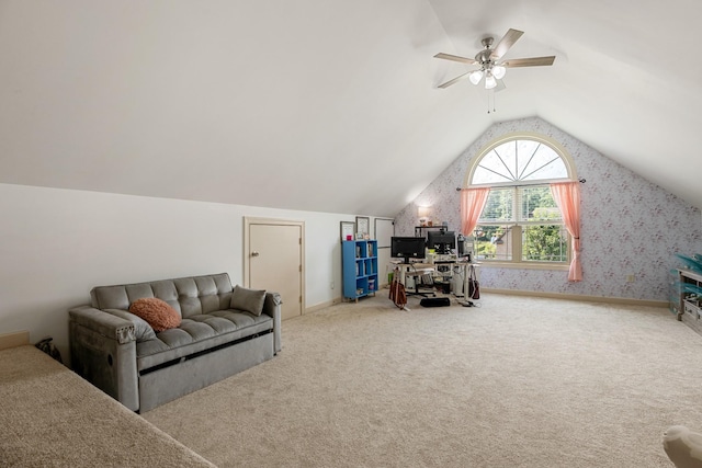 29 Harbor Pt, Lebanon, TN 37087 - carpeted living room with lofted ceiling, an office area, and ceiling fan