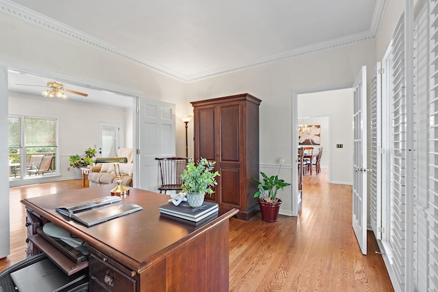 513 Foxcroft Cir, Franklin, TN 37067 - office featuring light wood-type flooring, crown molding, and ceiling fan