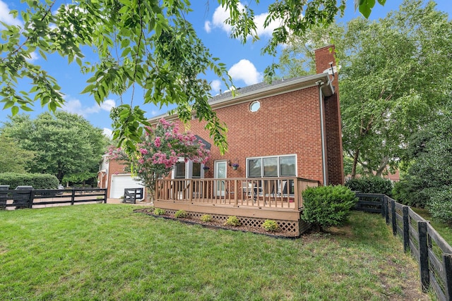 513 Foxcroft Cir, Franklin, TN 37067 - rear view of house featuring a chimney, a fenced backyard, a wooden deck, and brick siding