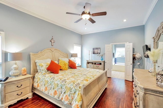 3045 Sakari Cir, Spring Hill, TN 37174 - bedroom with recessed lighting, crown molding, dark wood-style flooring, and ceiling fan