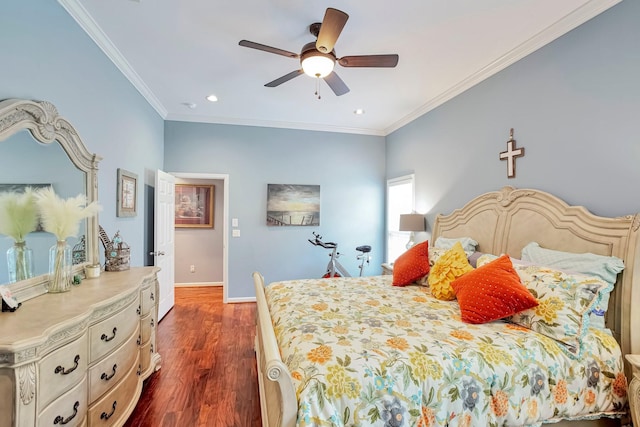 3045 Sakari Cir, Spring Hill, TN 37174 - bedroom with dark wood-style floors, crown molding, recessed lighting, and ceiling fan