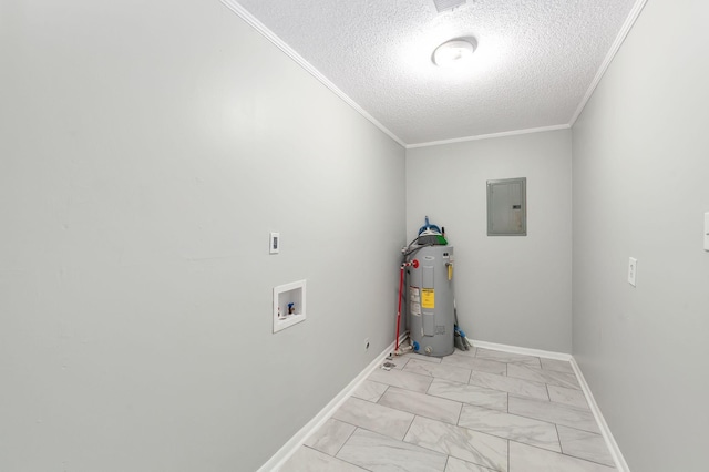 274 Spring Hill Rd, Stanton, TN 38069 - washroom featuring electric panel, washer hookup, water heater, a textured ceiling, and crown molding