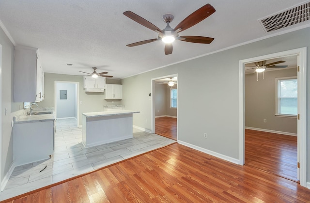 274 Spring Hill Rd, Stanton, TN 38069 - kitchen with a ceiling fan, crown molding, light countertops, white cabinets, and plenty of natural light