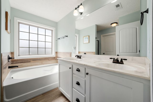 2210 Indian Mound Rd, Woodlawn, TN 37191 - bathroom featuring double vanity, a bath, and wood finished floors