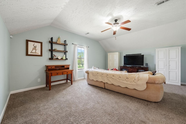 2210 Indian Mound Rd, Woodlawn, TN 37191 - carpeted living area with lofted ceiling, a textured ceiling, and ceiling fan