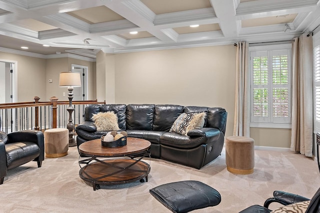 1011 Glessner Dr, Spring Hill, TN 37174 - carpeted living area with coffered ceiling, crown molding, beamed ceiling, and recessed lighting