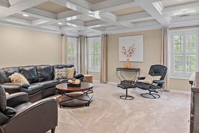 1011 Glessner Dr, Spring Hill, TN 37174 - carpeted living room with coffered ceiling, beam ceiling, and crown molding